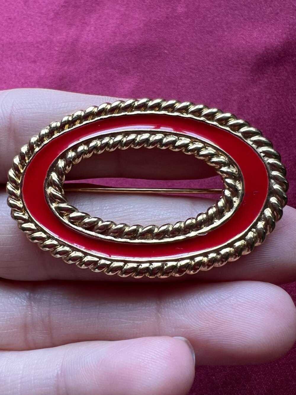 Monet Gold Tone Oval Brooch with Red Enamel